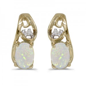 14k Yellow Gold Oval Opal And Diamond Earrings