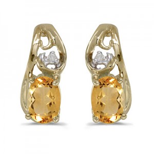 14k Yellow Gold Oval Citrine And Diamond Earrings