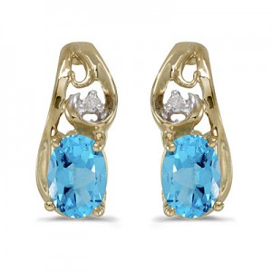 14k Yellow Gold Oval Blue Topaz And Diamond Earrings