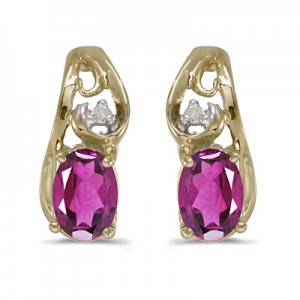 14k Yellow Gold Oval Pink Topaz And Diamond Earrings