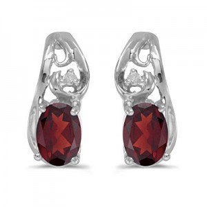 14k White Gold Oval Garnet And Diamond Earrings