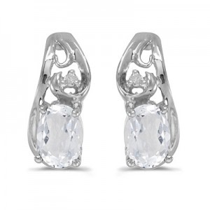 14k White Gold Oval White Topaz And Diamond Earrings