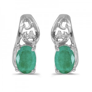 14k White Gold Oval Emerald And Diamond Earrings