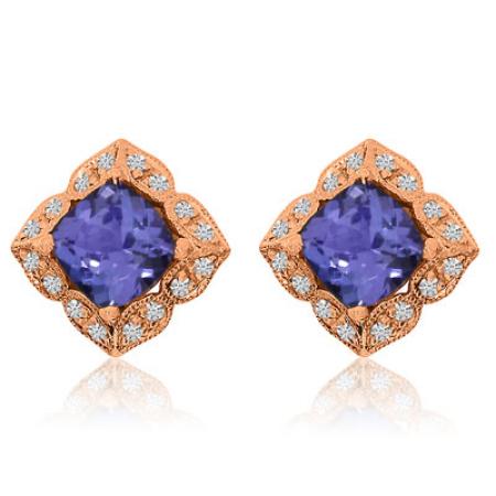 14K Rose Gold 6mm Cushion Tanzanite and Diamond Fashion Earrings