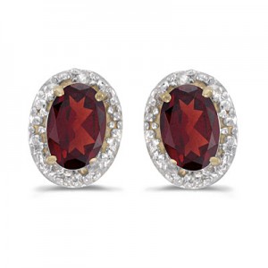 14k Yellow Gold Oval Garnet And Diamond Earrings