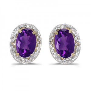 14k Yellow Gold Oval Amethyst And Diamond Earrings