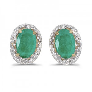 14k Yellow Gold Oval Emerald And Diamond Earrings