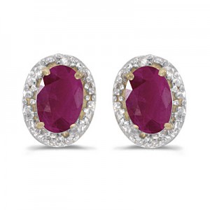 14k Yellow Gold Oval Ruby And Diamond Earrings