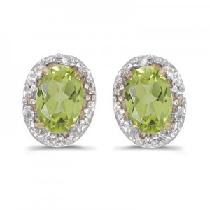 14k Yellow Gold Oval Peridot And Diamond Earrings