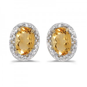 14k Yellow Gold Oval Citrine And Diamond Earrings