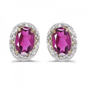 14k Yellow Gold Oval Pink Topaz And Diamond Earrings