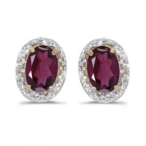 14k Yellow Gold Oval Rhodolite Garnet And Diamond Earrings