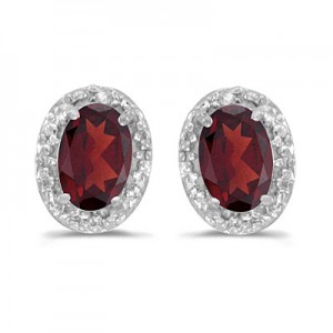 14k White Gold Oval Garnet And Diamond Earrings