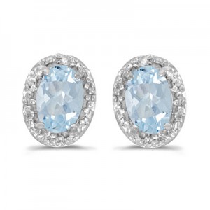 14k White Gold Oval Aquamarine And Diamond Earrings