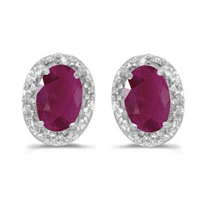 14k White Gold Oval Ruby And Diamond Earrings