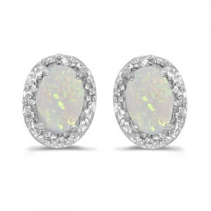 14k White Gold Oval Opal And Diamond Earrings