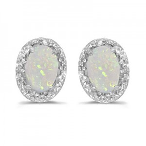 14k White Gold Oval Opal And Diamond Earrings