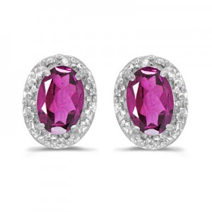 14k White Gold Oval Pink Topaz And Diamond Earrings