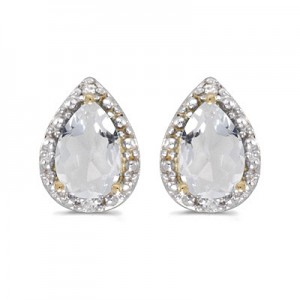 14k Yellow Gold Pear White Topaz And Diamond Earrings