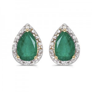 14k Yellow Gold Pear Emerald And Diamond Earrings