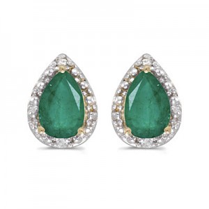 14k Yellow Gold Pear Emerald And Diamond Earrings