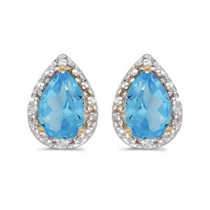 14k Yellow Gold Pear Blue Topaz And Diamond Earrings