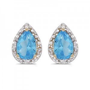 14k Yellow Gold Pear Blue Topaz And Diamond Earrings