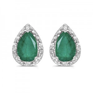 14k White Gold Pear Emerald And Diamond Earrings