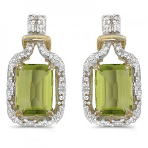 14k Yellow Gold Emerald-cut Peridot And Diamond Earrings