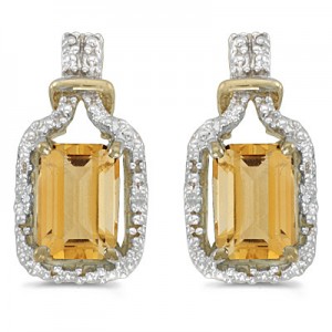 14k Yellow Gold Emerald-cut Citrine And Diamond Earrings