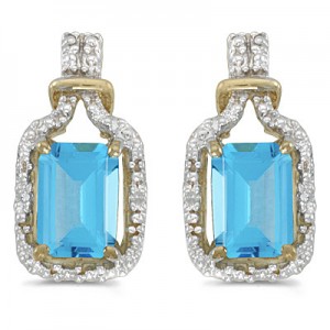 14k Yellow Gold Emerald-cut Blue Topaz And Diamond Earrings