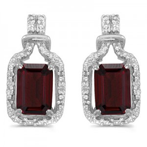 14k White Gold Emerald-cut Garnet And Diamond Earrings