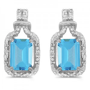 14k White Gold Emerald-cut Blue Topaz And Diamond Earrings