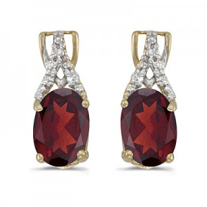 14k Yellow Gold Oval Garnet And Diamond Earrings