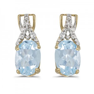 14k Yellow Gold Oval Aquamarine And Diamond Earrings