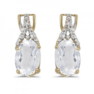 14k Yellow Gold Oval White Topaz And Diamond Earrings