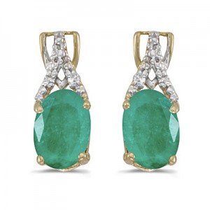 14k Yellow Gold Oval Emerald And Diamond Earrings