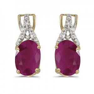 14k Yellow Gold Oval Ruby And Diamond Earrings