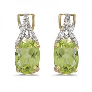 14k Yellow Gold Oval Peridot And Diamond Earrings