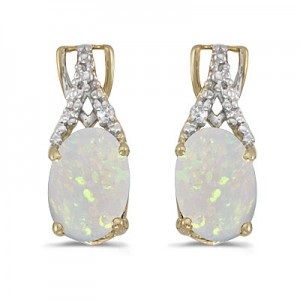 14k Yellow Gold Oval Opal And Diamond Earrings