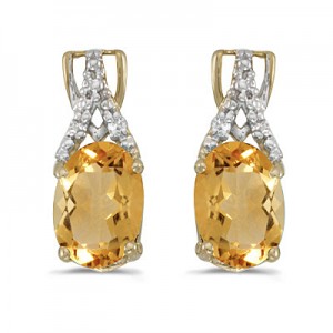 14k Yellow Gold Oval Citrine And Diamond Earrings