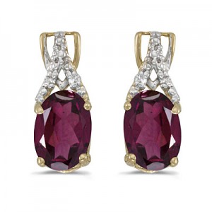 14k Yellow Gold Oval Rhodolite Garnet And Diamond Earrings