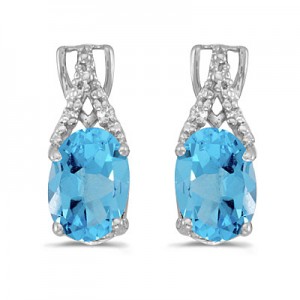 14k White Gold Oval Blue Topaz And Diamond Earrings