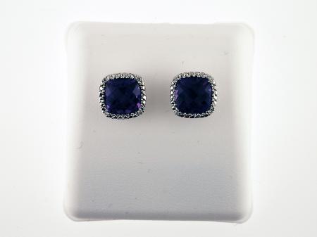 14K White Gold 7mm Cushion Amethyst and Diamond Earrings