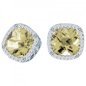 14K White Gold 7mm Cushion Lemon Quartz and Diamond Earrings