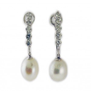 14k White Gold 5 Stone Diamond Omega Pearl Earrings