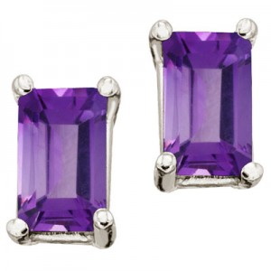 14K White Gold Birthstone Emerald Cut Amethyst Earrings