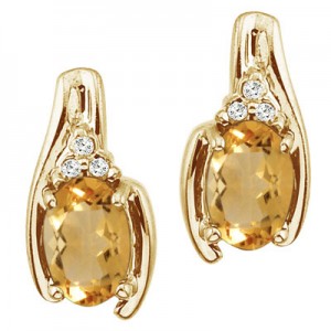 14K Yellow Gold Oval Citrine and Diamond Earrings