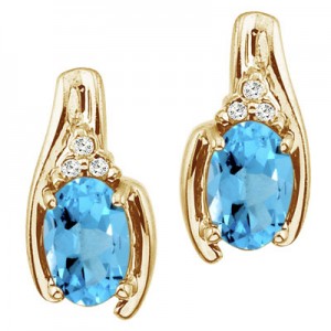 14K Yellow Gold Oval Blue Topaz and Diamond Earrings