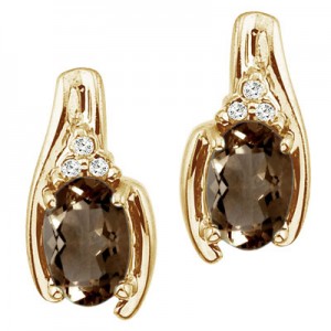 14K Yellow Gold Smoky Topaz and Diamond Earrings